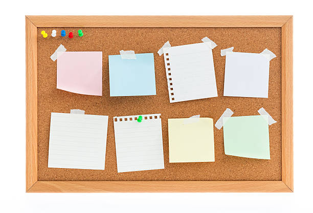 istock Colorful sticky notes and blank notice papers on cork board isolated on white background 2245176213