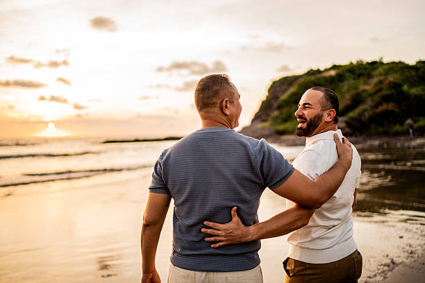 istock Gay couple talking while walking holding hands on the beach 2245177737