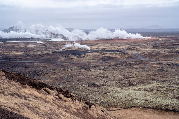 Reykjanes peninsula, Iceland-March 17, 2025:Gunnuhver Hot Springs seen from the hill of the Reykjanes Lighthouse on a cloudy day