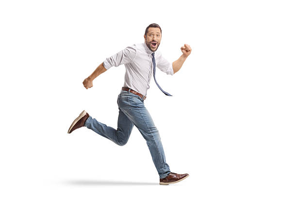 Excited male employee running isolated on white background