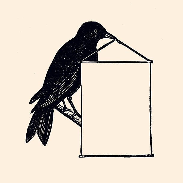 The image depicts a vintage illustration of a black bird, likely a blackbird (Turdus merula) or a raven, in a style typical of 19th-century engravings. A creative could use this image in multiple ways, combining communication and 19th-century aesthetics:►Add text to the sign: Insert a message, slogan, or quote on the blank panel to create posters, invitations, greeting cards, or social media posts. For example, an ecological slogan like 