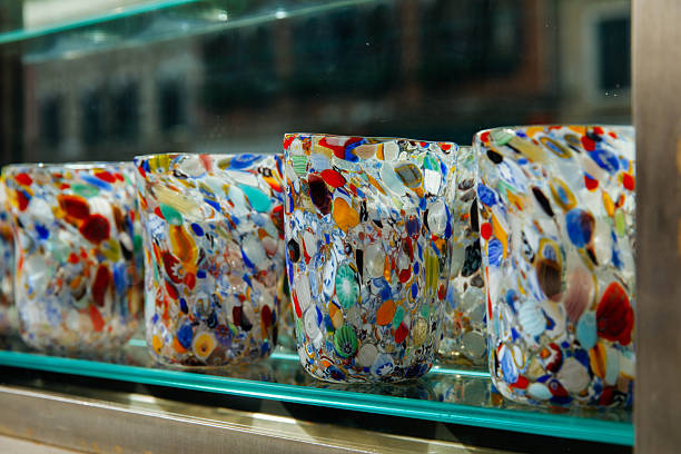 Colorful murano glass tumblers on display