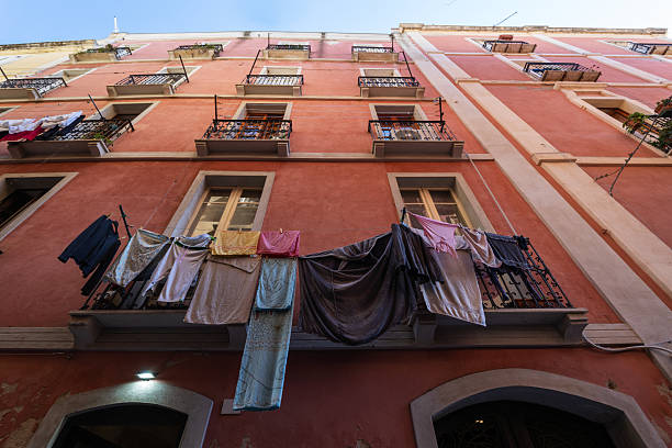 Laundry drying on a building facade