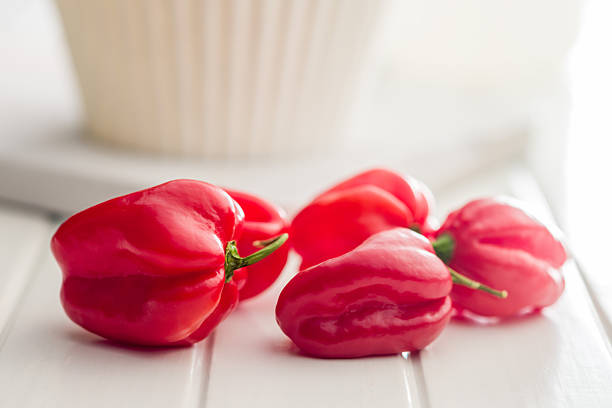 Red chili pepper habanero on a white table.