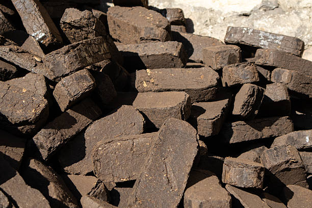 istock Dark coal bricks are piled high at a mining location under clear blue skies, showcasing their rough texture and earthy tones 2245198998