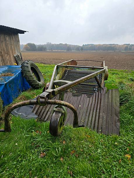 A rusty, vintage potato harvester or agricultural implement rests on corrugated metal by a barn and tractor tire, overlooking a vast, plowed field on a dreary day.
