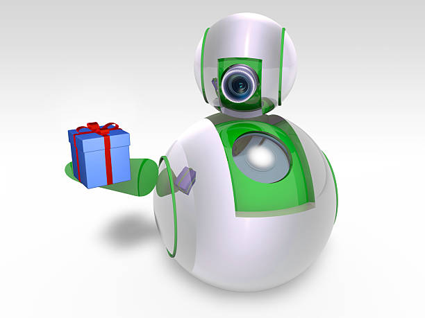 Cute robot giving a blue gift box.