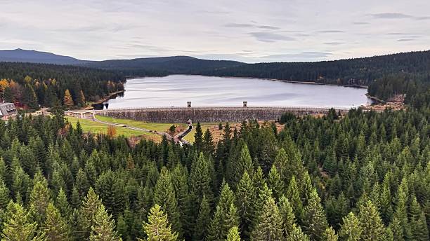 istock Aerial view of reservoir with infrastructure and forest backdrop 2245204266