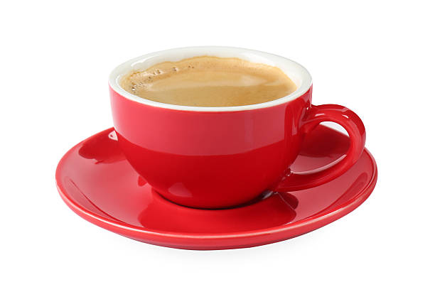 istock Red cup of aromatic coffee and saucer isolated on white 2245205268