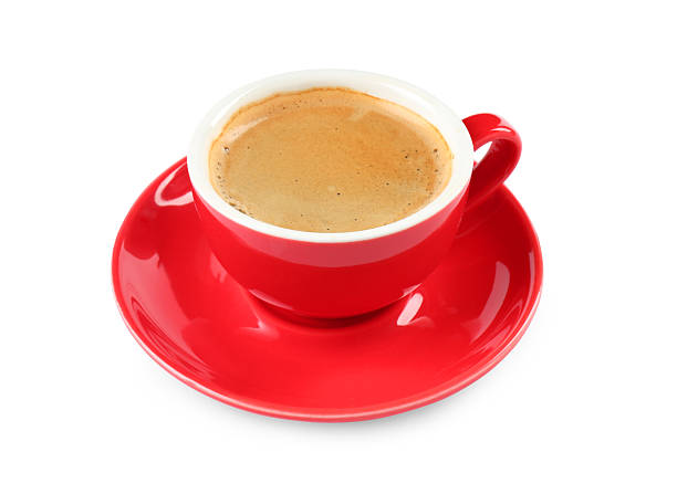 istock Red cup of aromatic coffee and saucer isolated on white 2245205278