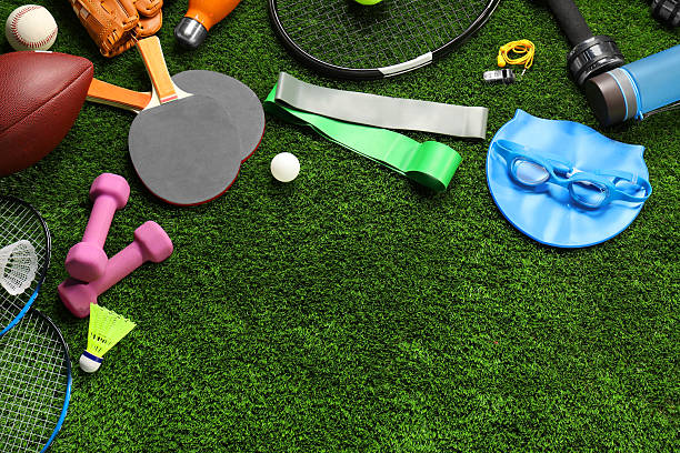 istock Different sports equipment on artificial grass, flat lay. Space for text 2245205969
