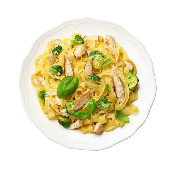 istock Delicious pasta Alfredo with chicken, cheese, broccoli and basil isolated on white, top view 2245206045