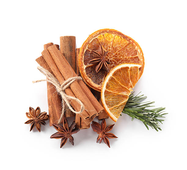 istock Different aromatic spices isolated on white, top view. Christmas season 2245206464