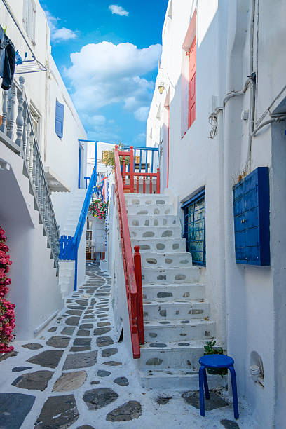 Mykonos alleyway with traditional Cycladic architecture, white walls, and colorful details under blue sky