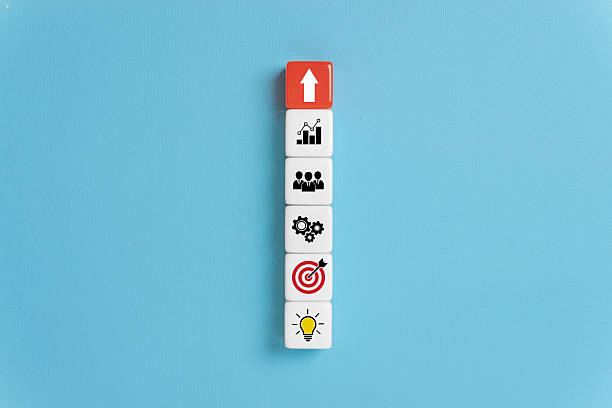 istock Business development strategy and Action plan concept, dice with business process management icons and arrow up on blue background, copy space 2245211743