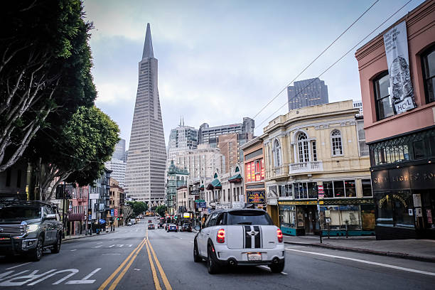 17 OCT 2025 - San Francisco, USA - The Transamerica Pyramid is a pyramid-shaped 48-story modernist skyscraper in San Francisco, California, United States, and the second tallest building in the San Francisco skyline. Viewed from between the buildings and streets of the financial district.