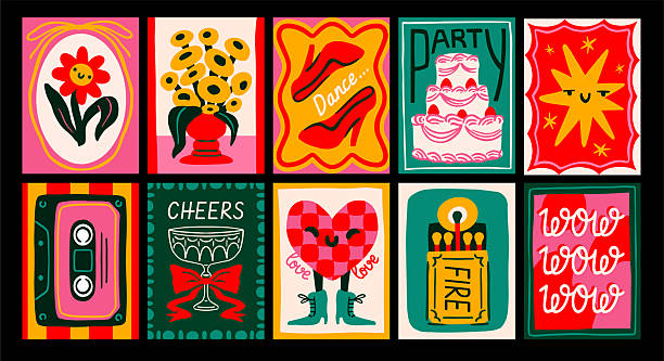Set of ten vibrant celebration-themed greeting cards with cute and playful illustrations in bold style on black background. Concept of joy and festivity. Vector illustration