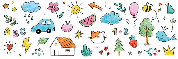 istock Kid crayon child hand drawn background. Crayon pencil stroke school doodle flower, cartoon sun, rainbow summer elements. Kid style cute star, tree, heart shapes background.  Vector 2245219892