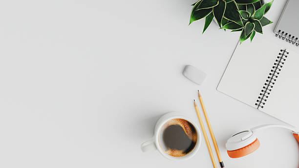 istock Minimalist Workspace Flat Lay with Coffee, Headphones, and Plant. 3d rendering 2245227565
