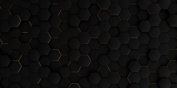 istock A dramatic, dark abstract background featuring a wall of matte black hexagonal tiles with striking glowing golden light emphasizing the edges and depth. 2245229240