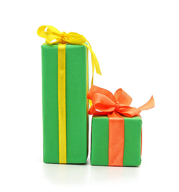 istock Two green gift boxes with colorful ribbons. 2245246804