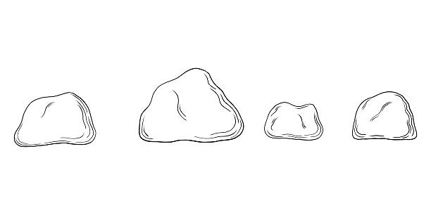 Set of four hand drawn vector illustrations of smooth sea pebbles or stones with engraving style texture. Black and white line art sketches perfect for coloring books, marine themed designs, natural backgrounds, and coastal creative artwork for adults and children.