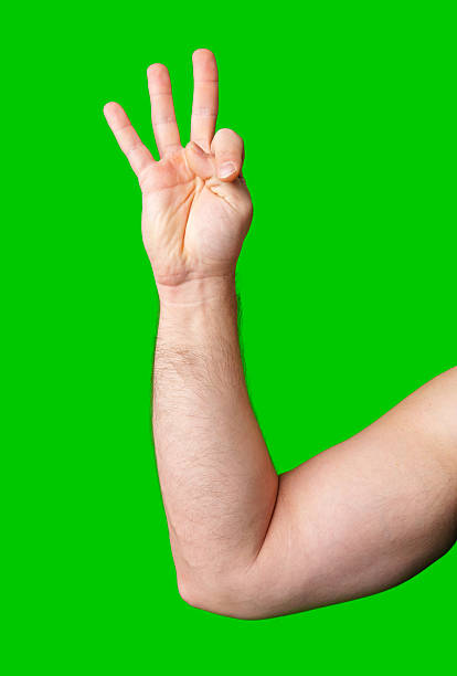 istock A close-up of a hand displaying a three-finger gesture against a bright green background 2245255499