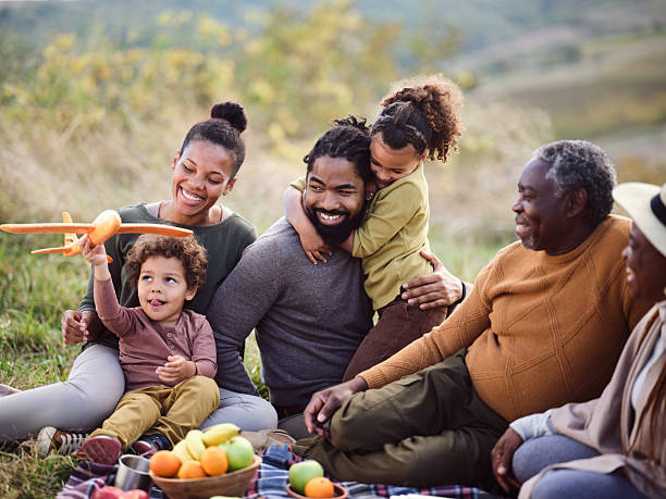 istock Happy black extended family having fun on picnic in nature. 2245257236