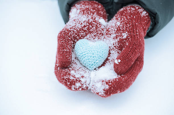 istock Female hands in mittens with heart, close-up 2245266597