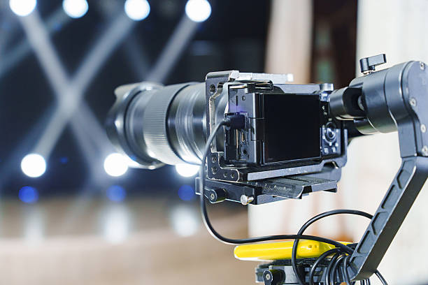 istock Camera set up for video recording during an event with bright background lights 2245268568
