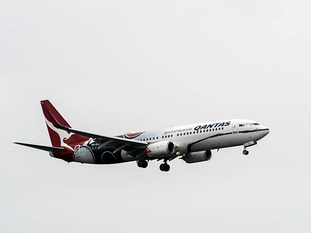 Auckland, New Zealand: June 29th, 2024. Qantas Airways Boeing 737-800 (Mendoowoorrji Livery) landing at Auckland International Airport