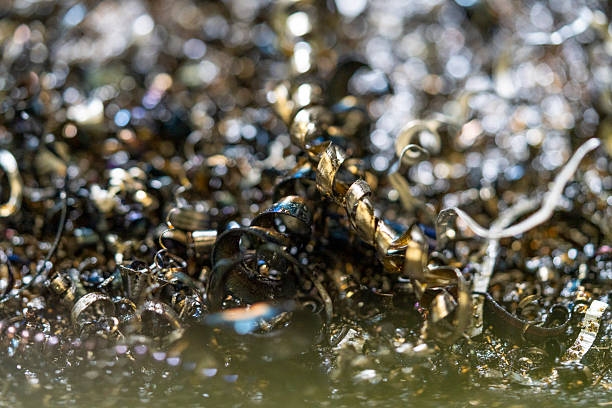 Close-up of aluminum shavings; aluminum shavings as background