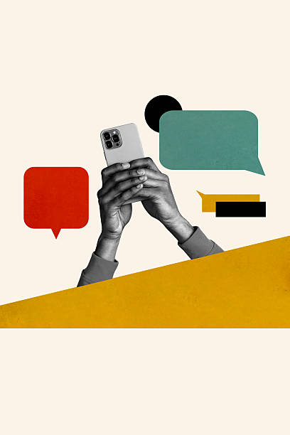 istock Vertical zine image artwork collage of hand hold phone device communication speech messenger icon bubble notification sms 2245278725