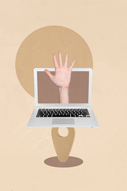 istock Sketch image 3d banner artwork collage of human hand peek laptop 5g network communication geolocation summer travel booking 2245279512