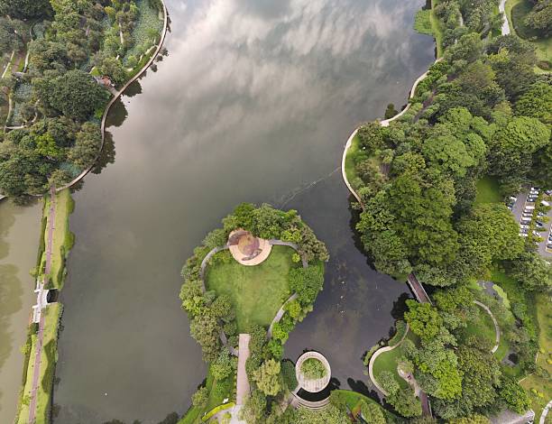 City park lake with winding path