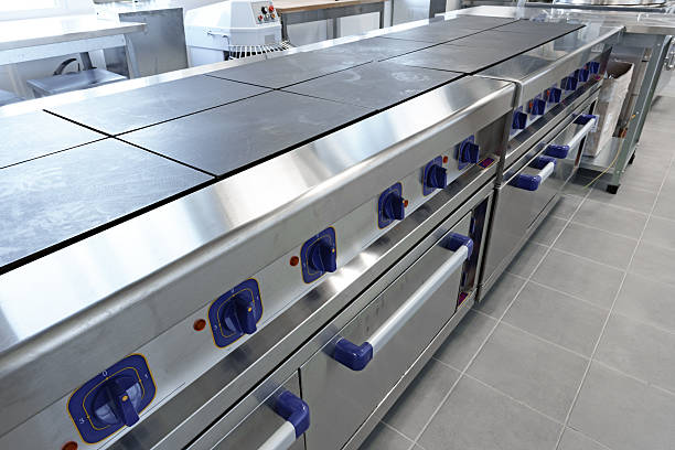istock Stainless steel commercial griddles arranged in a modern kitchen with ample workspace for food preparation 2245280054