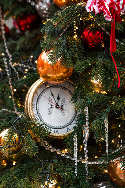 istock The clock hands on the dial show 12 o'clock. Golden retro clock on a Christmas tree. Beautiful background for New Year's Eve or Christmas 2026. 2245280371