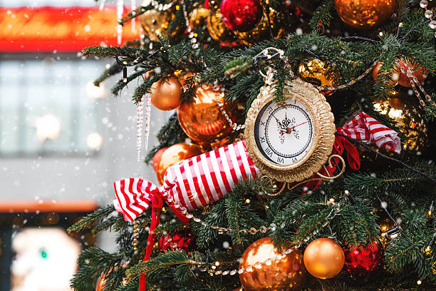 istock The clock hands on the dial show 12 o'clock. Golden retro clock on a Christmas tree. Beautiful background for New Year's Eve or Christmas 2026. 2245280381