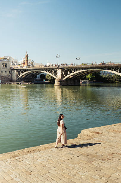 Flying ducks in front of Triana Bridge, Seville, Spain