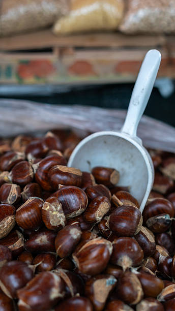 Fresh Chestnuts with Scoop at a Market Stall