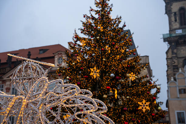 istock Festive Christmas tree standing in a public space 2245294719