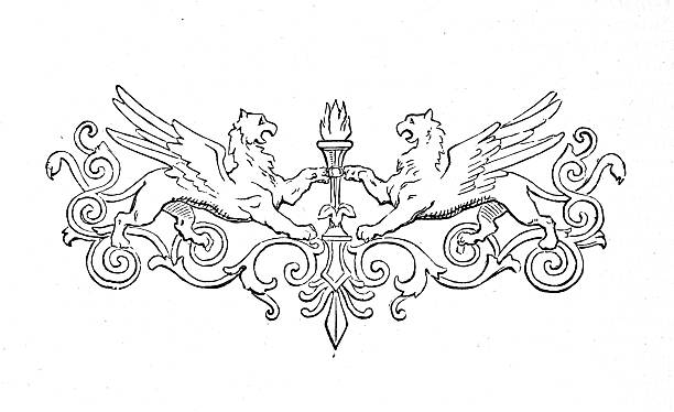 Victorian filigree pattern Griffins holding flaming torch design element, ornamental art, Vintage illustration