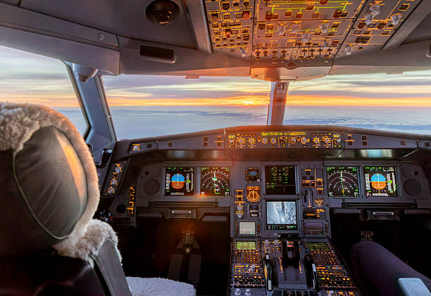 Cockpit of the airplane with sunset sky view through a windshield