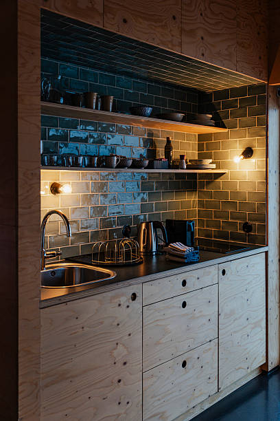 A modern and compact kitchen area features plywood cabinetry with recessed handles, an undermounted sink, and a dark tiled backsplash.