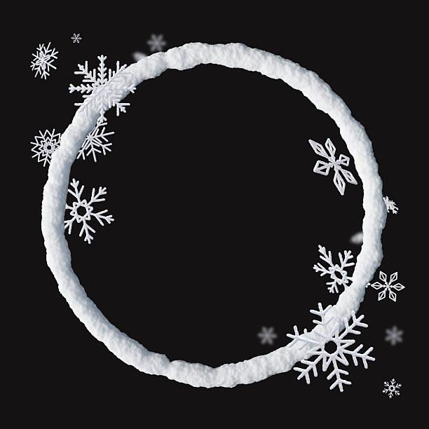 This scene features a 3D render of a snow circle frame adorned with delicate white snowflakes, creating a wintery atmosphere. Isolated on black background. Copy space.