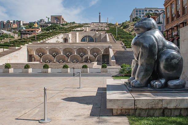 Sculpture cat made by Fernando Botero at the Cascade complex in Yerevan, Armenia. Important cultural site, museum area and popular tourist location offering scenic city views and outdoor leisure.