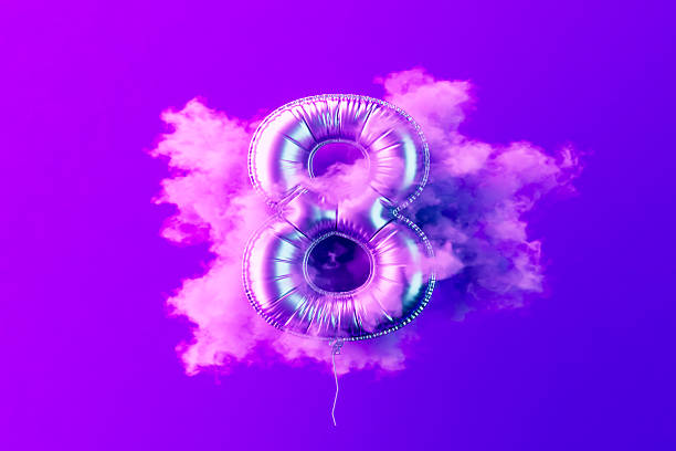 Number 8 Balloon with Cloud on Neon Lighting Purple Background. Digitally generated image. 3d render.