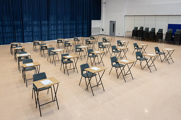 istock School hall filled with desks, ready for students and examinations 2245311656