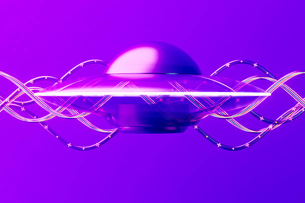 UFO Flying on Neon Lighting Futuristic Background. Digitally Generated Image. 3d render.