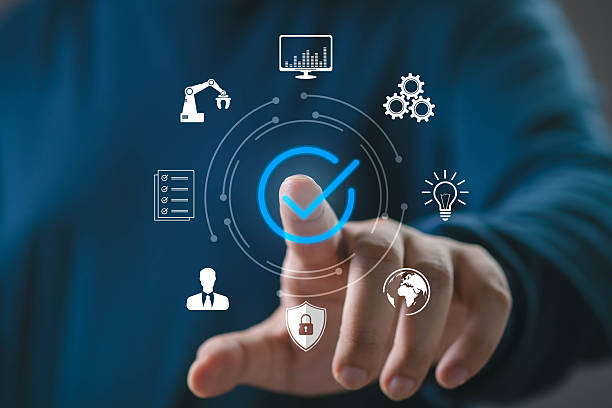 istock Finger touching digital check mark surrounded by icons representing innovation, automation, security, analytics, global network, and quality assurance in modern business. 2245315862
